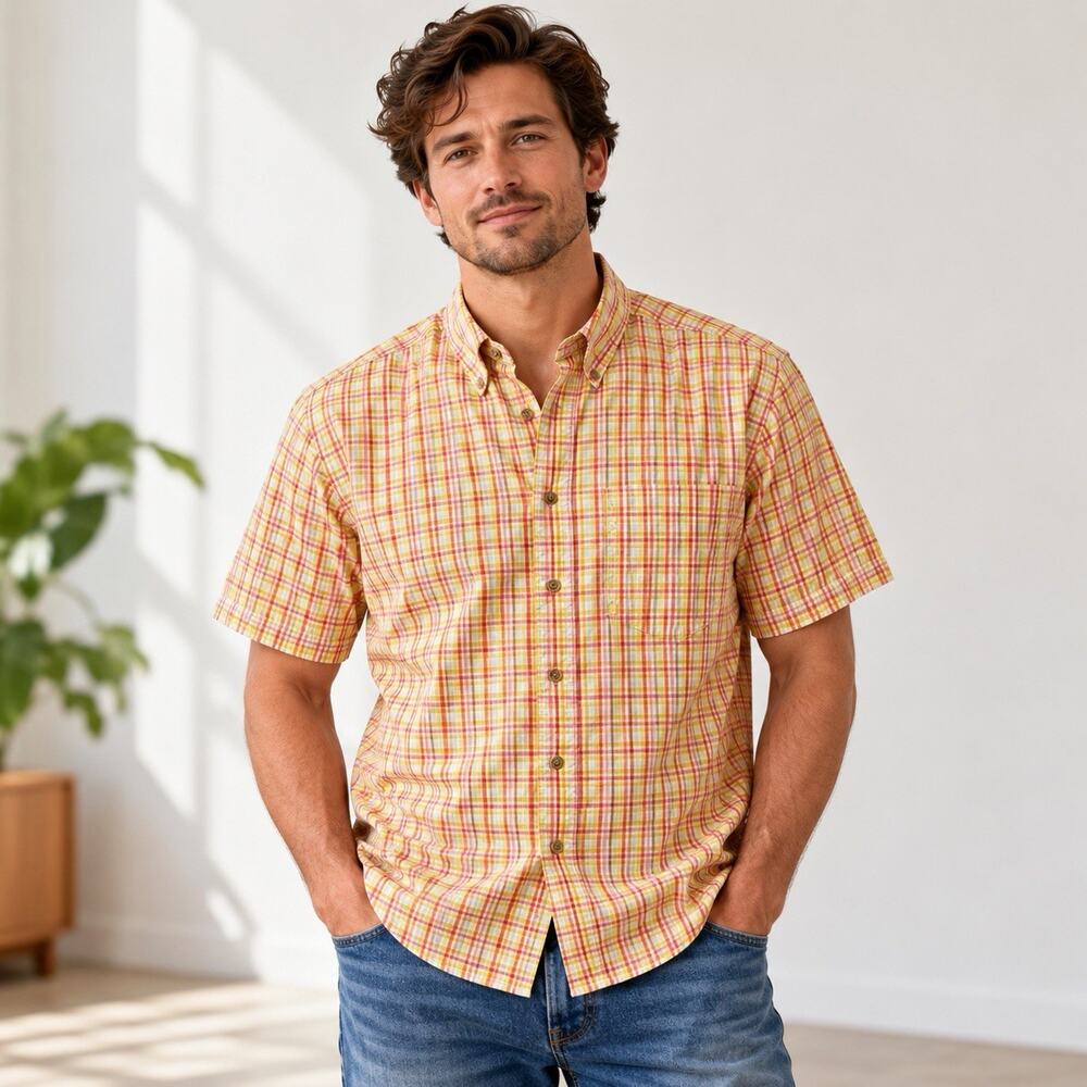 Pendleton Men’s M Short Sleeve Button Down Shirt Cotton Plaid Yellow Pink Orange